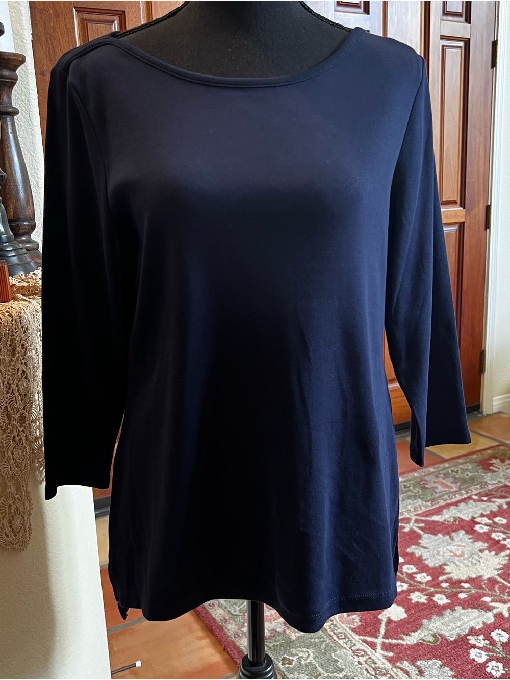 Chico’s The Ultimate Long Sleeve Tee 100% Cotton Navy Scoop Neck Size 1 Medium